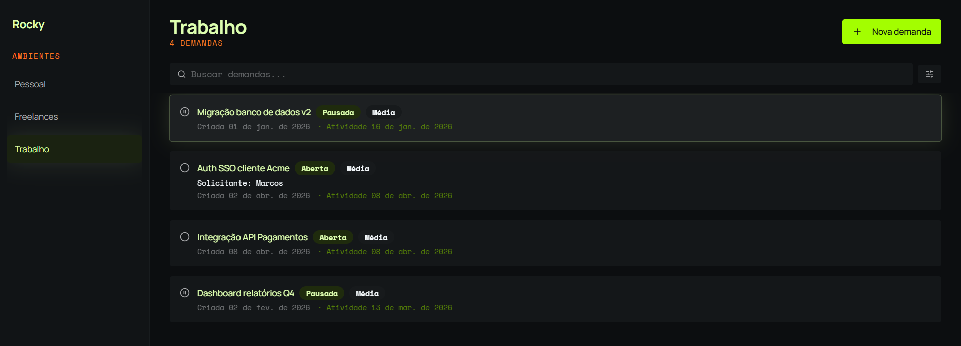 Rocky — lista de demandas